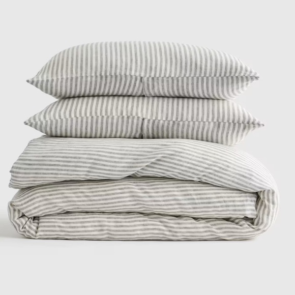 NWOT QUINCE European Linen Duvet Cover Set King/Cal King Grey Stripe 9772 - Picture 1 of 12